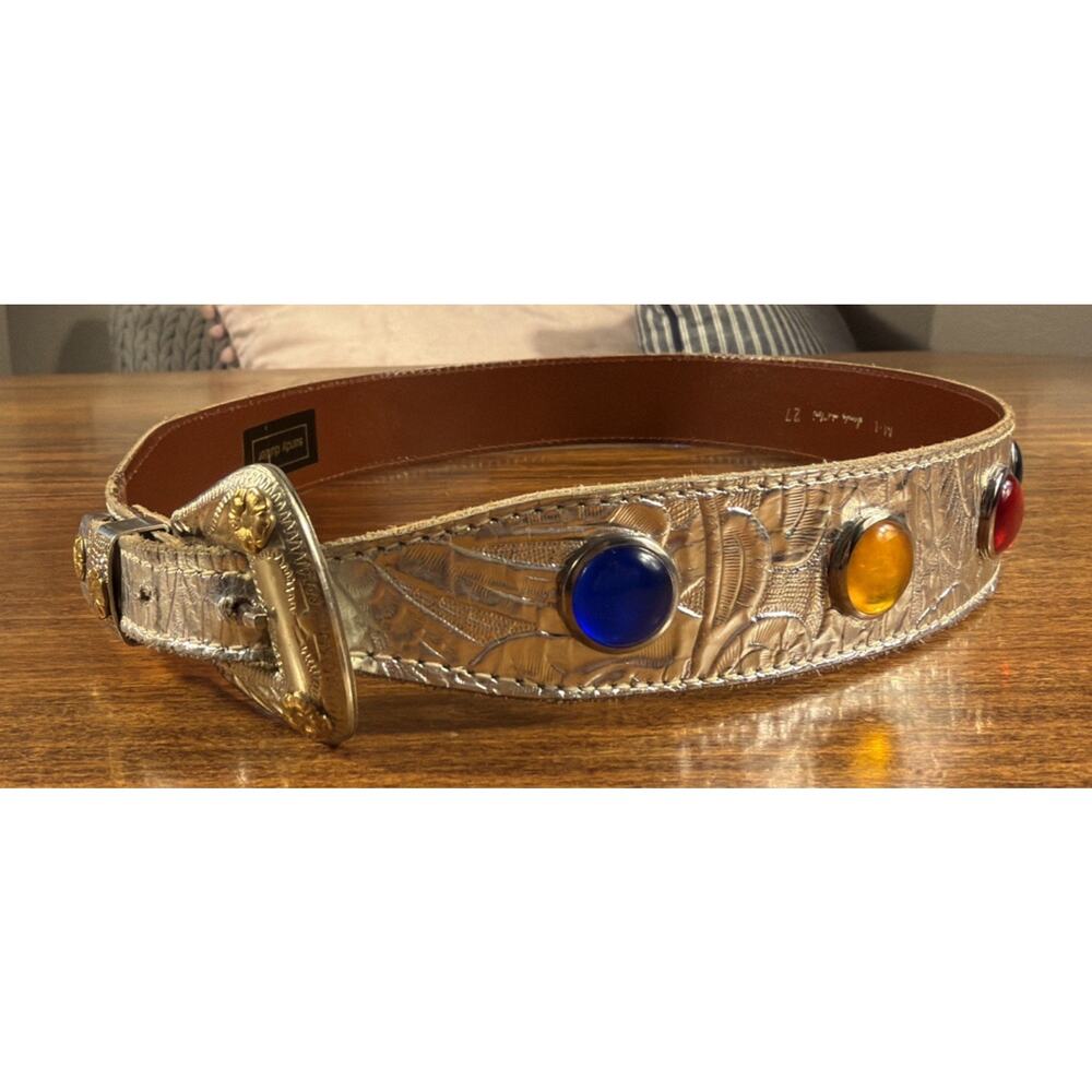 Vintage Sandy Duftler Silver Leather Belt Colorful Gems Size M Made In The USA
